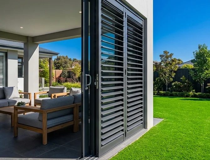 White aluminium security shutters closed across a wide patio opening, Custom Blinds Shutters & Awnings