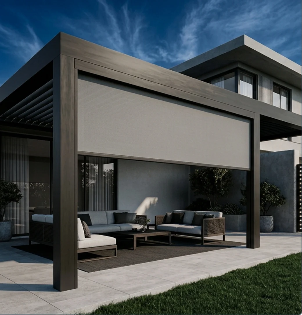 Illustration of a sidetrack outdoor blind: the fabric is held in tracks in the uprights of a pergola frame, so the edges are captured on both sides