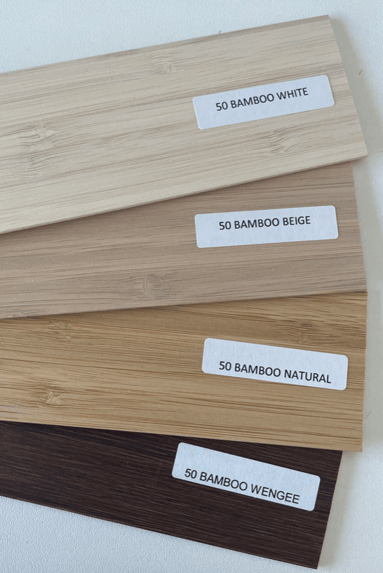 Bamboo venetian blind colour samples, South Africa, natural to dark teak finishes, Custom Blinds