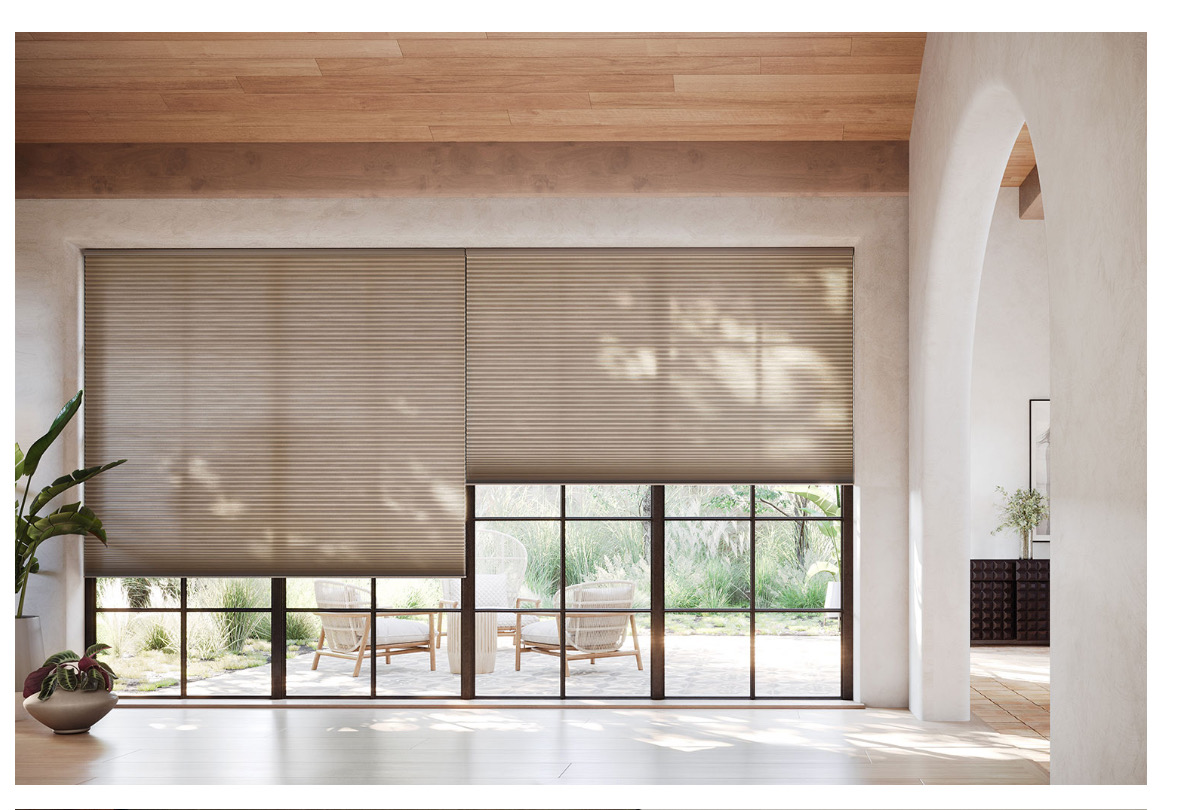 Honeycomb blinds filtering soft light in a modern South African living room, Custom Blinds Shutters & Awnings