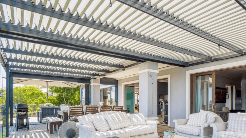 Custom colour aluminium louvre awning at Pezula Estate, Knysna, by Custom Blinds Shutters & Awnings