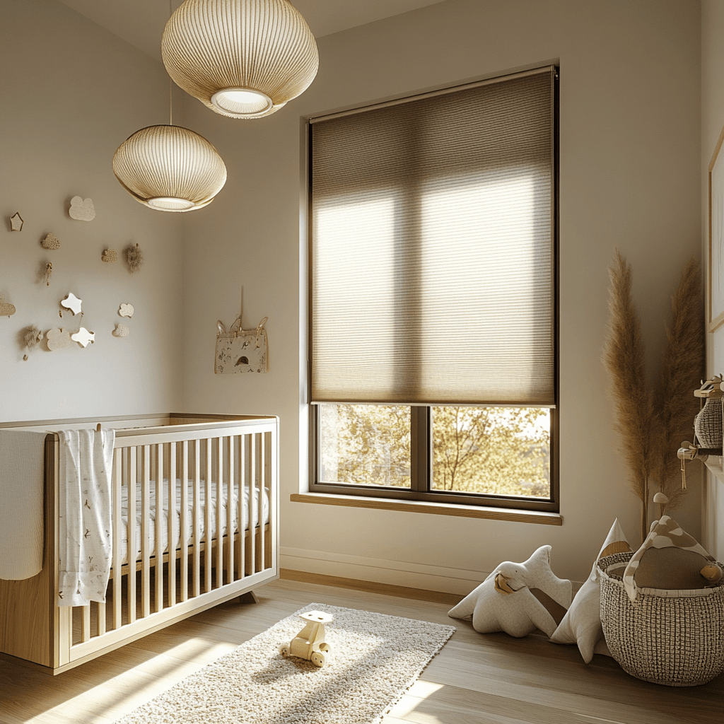 Honeycomb blockout blinds in a nursery providing darkness and child safety, Custom Blinds Shutters & Awnings