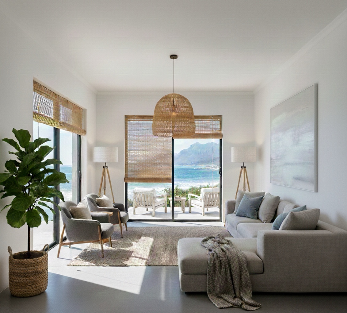 Bamboo blinds filtering natural light in a Sedgefield coastal living room with mountain views, Custom Blinds Shutters & Awnings