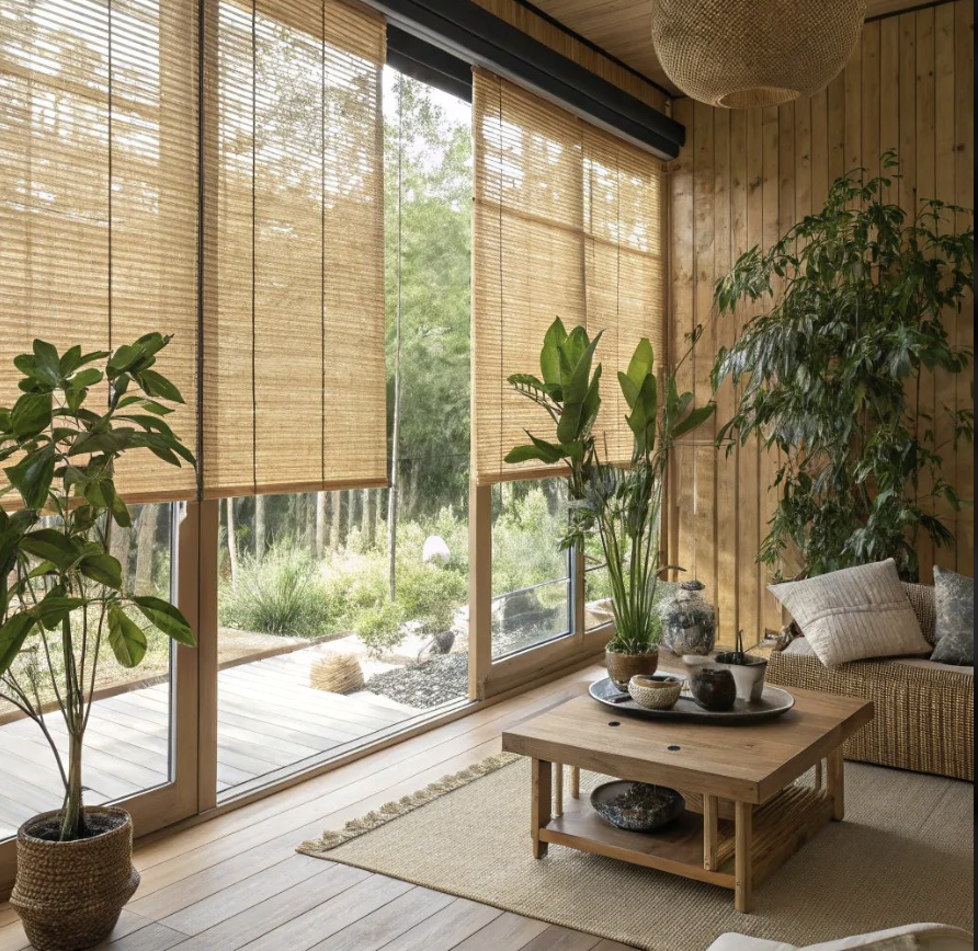 Woven bamboo roller blinds in a natural living room by Custom Blinds South Africa