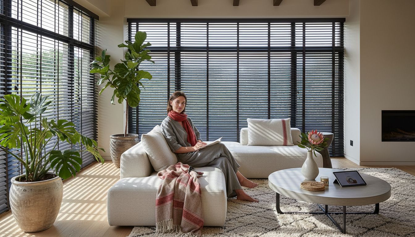 Wooden venetian blinds filtering Plett afternoon light, Custom Blinds Shutters & Awnings