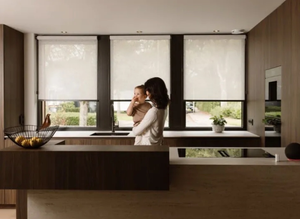 Child-safe MotionBlinds motorised roller blinds in a modern kitchen, no cords or chains, Custom Blinds South Africa