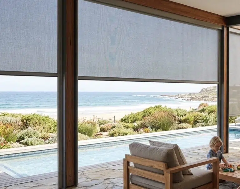 Outdoor blinds on a coastal patio with mountain and pool views, delivered to Somerset West by Custom Blinds South Africa