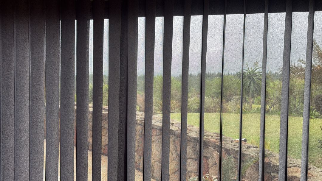 Vertishades sheer voile vertical blinds across a large window in a Garden Route home, filtering a view of a stone garden wall, lawn and aloes, Custom Blinds Shutters & Awnings