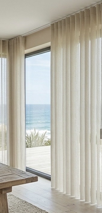 Vertishades sheer vertical blinds on a sliding door with ocean view, showing opaque and sheer fabric vanes filtering coastal light, Custom Blinds Shutters & Awnings