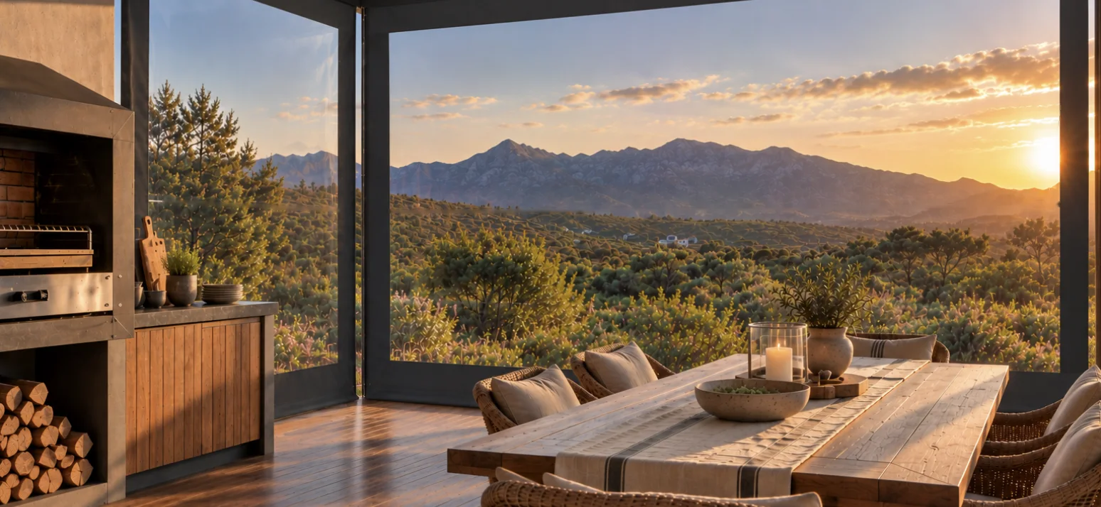 Clear PVC outdoor blinds with charcoal canvas borders around a covered braai patio, from Custom Blinds Shutters & Awnings | expert outdoor blind specialists, South Africa