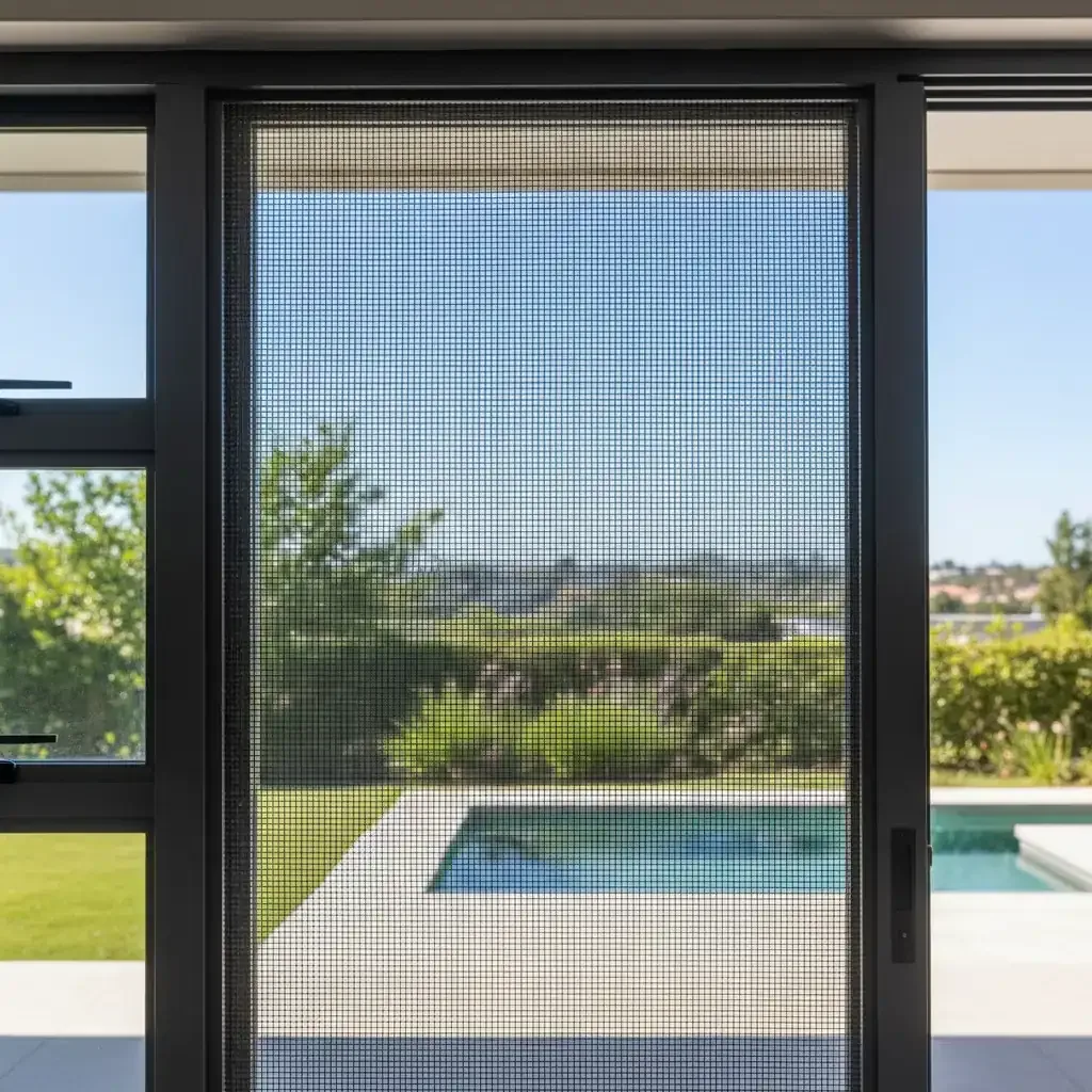 A retractable insect screen drawn across a sliding door onto a pool terrace, seen from inside the room, by Custom Blinds Shutters & Awnings, Garden Route, South Africa