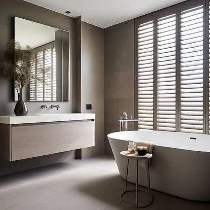 White PVC shutters by Custom Blinds Shutters & Awnings across a bathroom window, louvres tilted for light above a freestanding bath