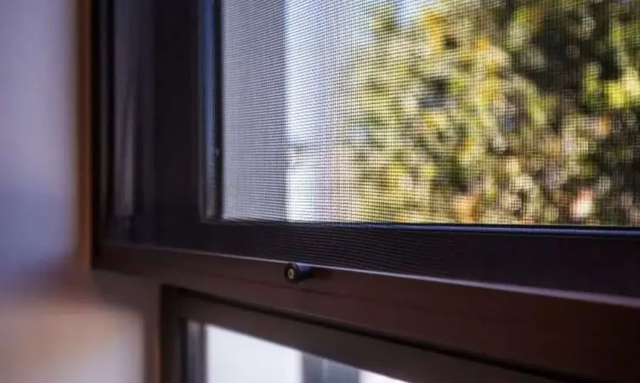 Fine insect screen mesh set in a dark timber window frame, garden visible through the weave