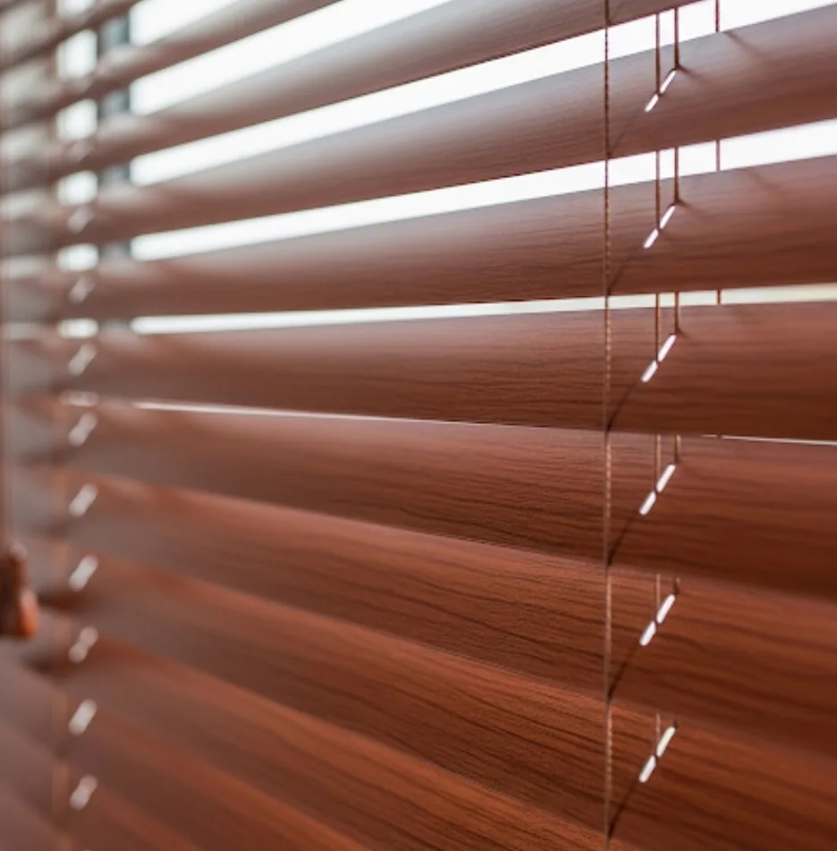 Aluwood venetian blind slats in dark walnut finish, closeup showing rich wood grain detail on aluminium core by Custom Blinds Shutters & Awnings, Garden Route, South Africa