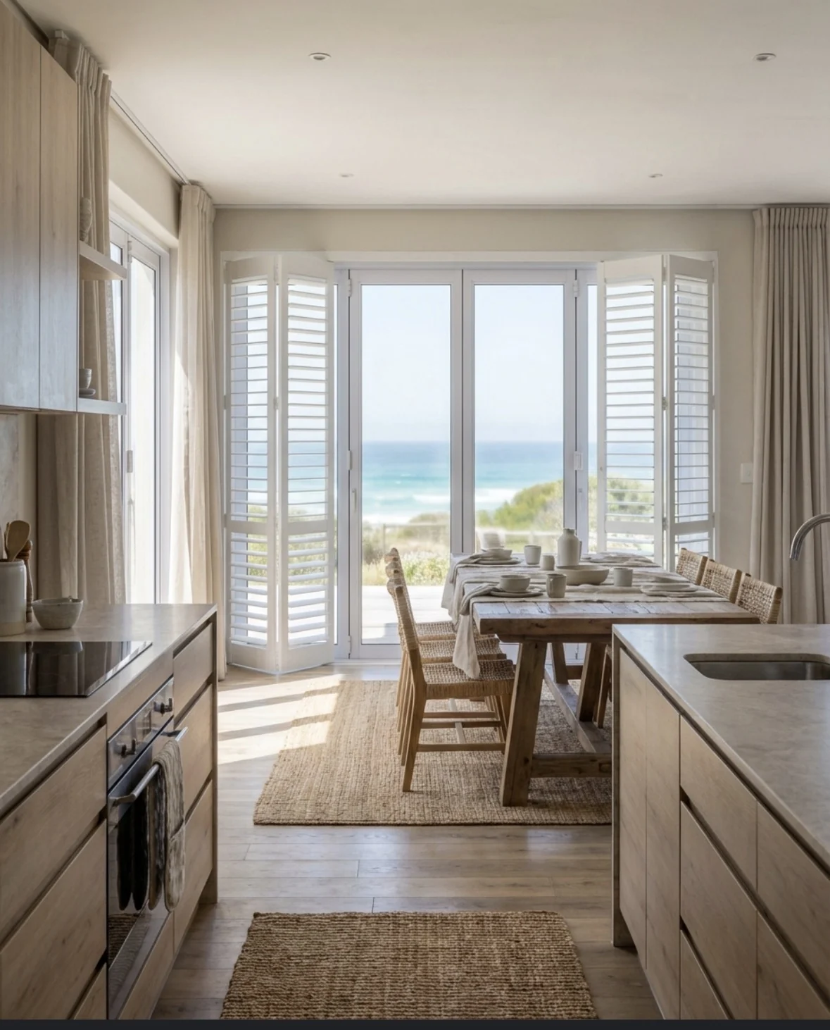 White security shutters folded open in a coastal kitchen overlooking the beach, an example of the spaces dresses with expert window treatments by Custom Blinds Shutters & Awnings, Garden Route, South Africa