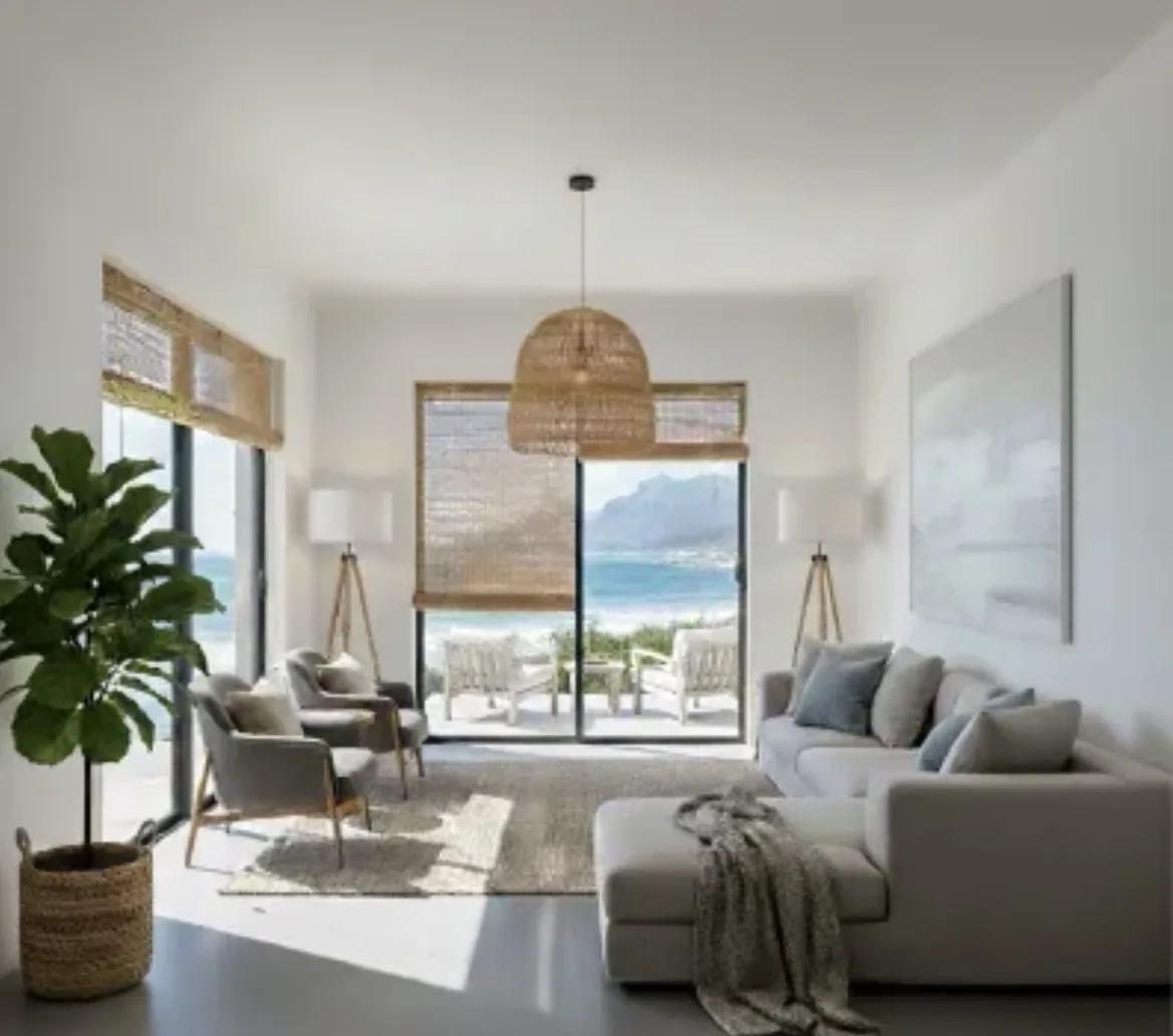 Airy lounge with a white sofa, woven touches and wide windows dressed in bamboo blinds by Custom Blinds Shutters & Awnings, Cape Town