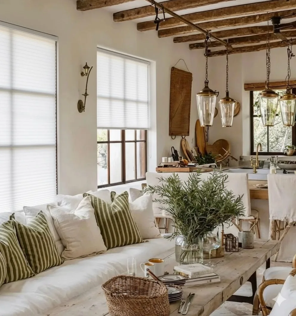 White honeycomb blinds in a rustic farmhouse interior with exposed wood beams and lantern pendants, dressed by our team at Custom Blinds Shutters & Awnings, Garden Route, South Africa