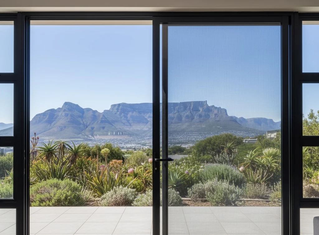 Security screens across sliding glass doors keeping the full Table Mountain view while keeping intruders out, by Custom Blinds Shutters & Awnings, Cape Town, South Africa