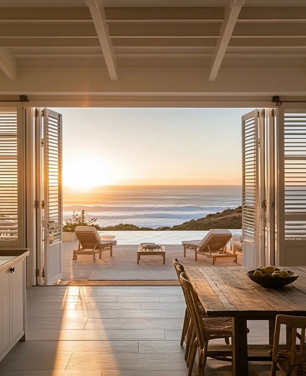 White shutters folded fully open onto a deck and dining room with sun loungers and a sunset ocean view, by Custom Blinds Shutters &amp; Awnings