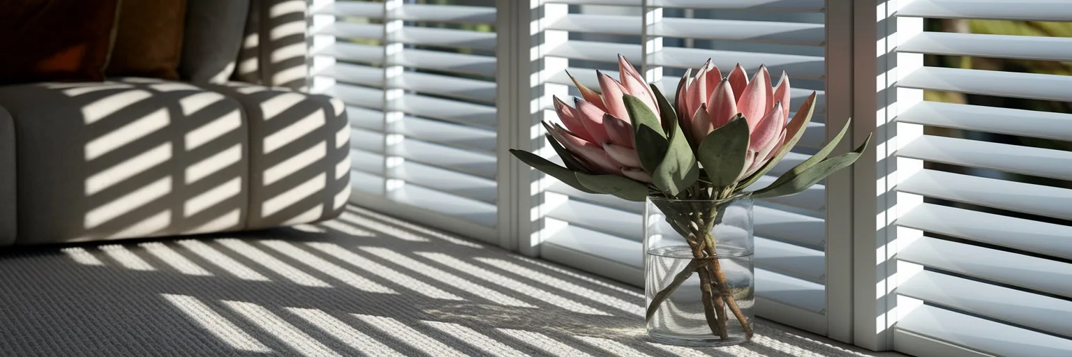 White wooden venetian blinds casting shadow patterns with protea flowers in a South African living room by Custom Blinds Shutters & Awnings, Garden Route, South Africa