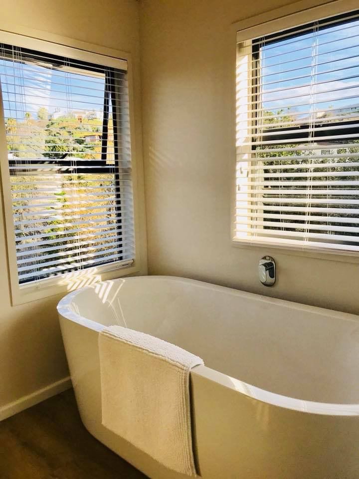 Plaswood Blinds by Custom Blinds Cream coloured Plaswood Blinds in a bathroom