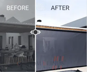 Custom Blinds Shutters & Awnings South Africa Before: open patio with comfy seating. After: the space is enclosed with stylish outdoor blinds for privacy and all-weather relaxation. installed in Cape Town Garden Route & Online