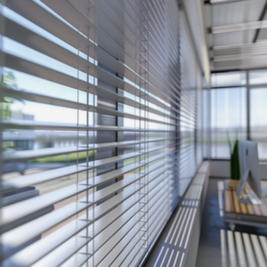 A silver 50 mm aluminium blind set off against a modern home