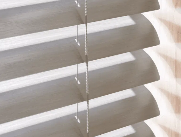 Venetian blinds with realistic wood grain texture showing aluwood finish options