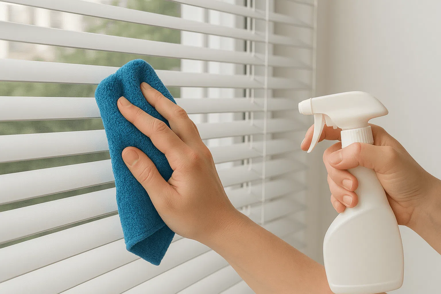 Cleaning venetian blinds with a microfibre cloth and spray bottle — the weekly wipe that prevents most buildup