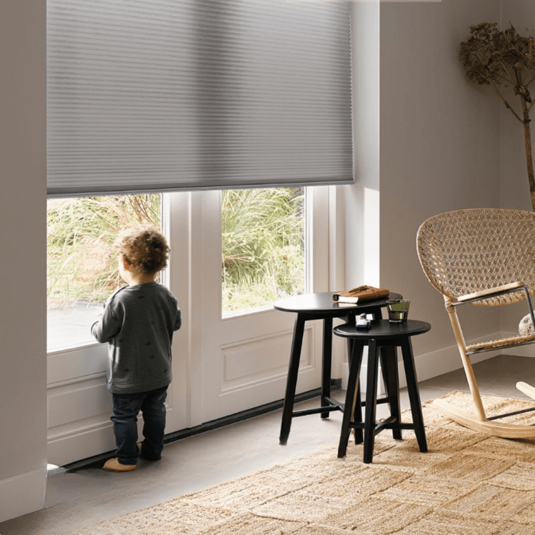 Honeycomb Blinds in Grey Honeycomb Blinds in Swan covering a lounge window