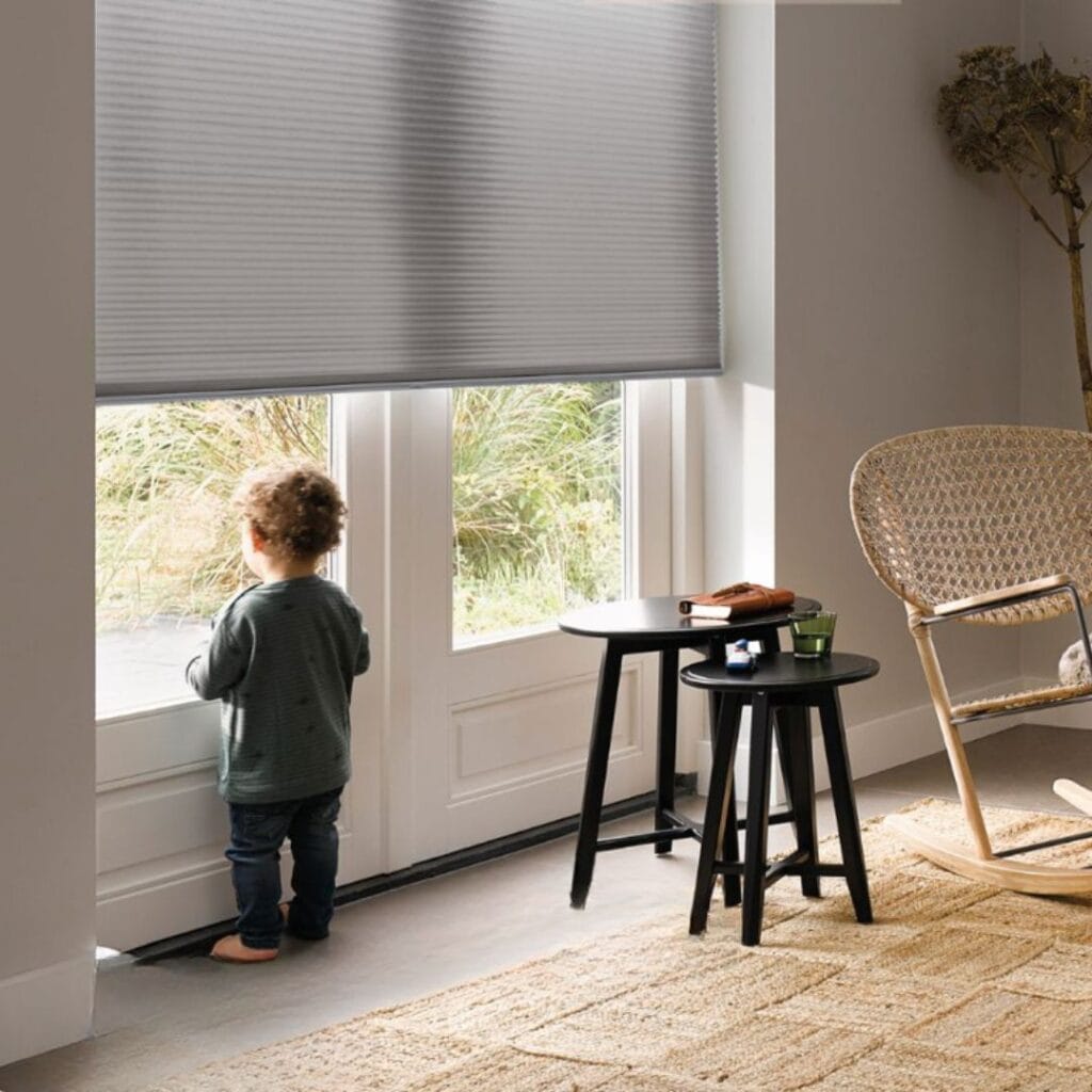 sunlit living room with honeycomb blinds ,wellbeing through lighting design and window treatments