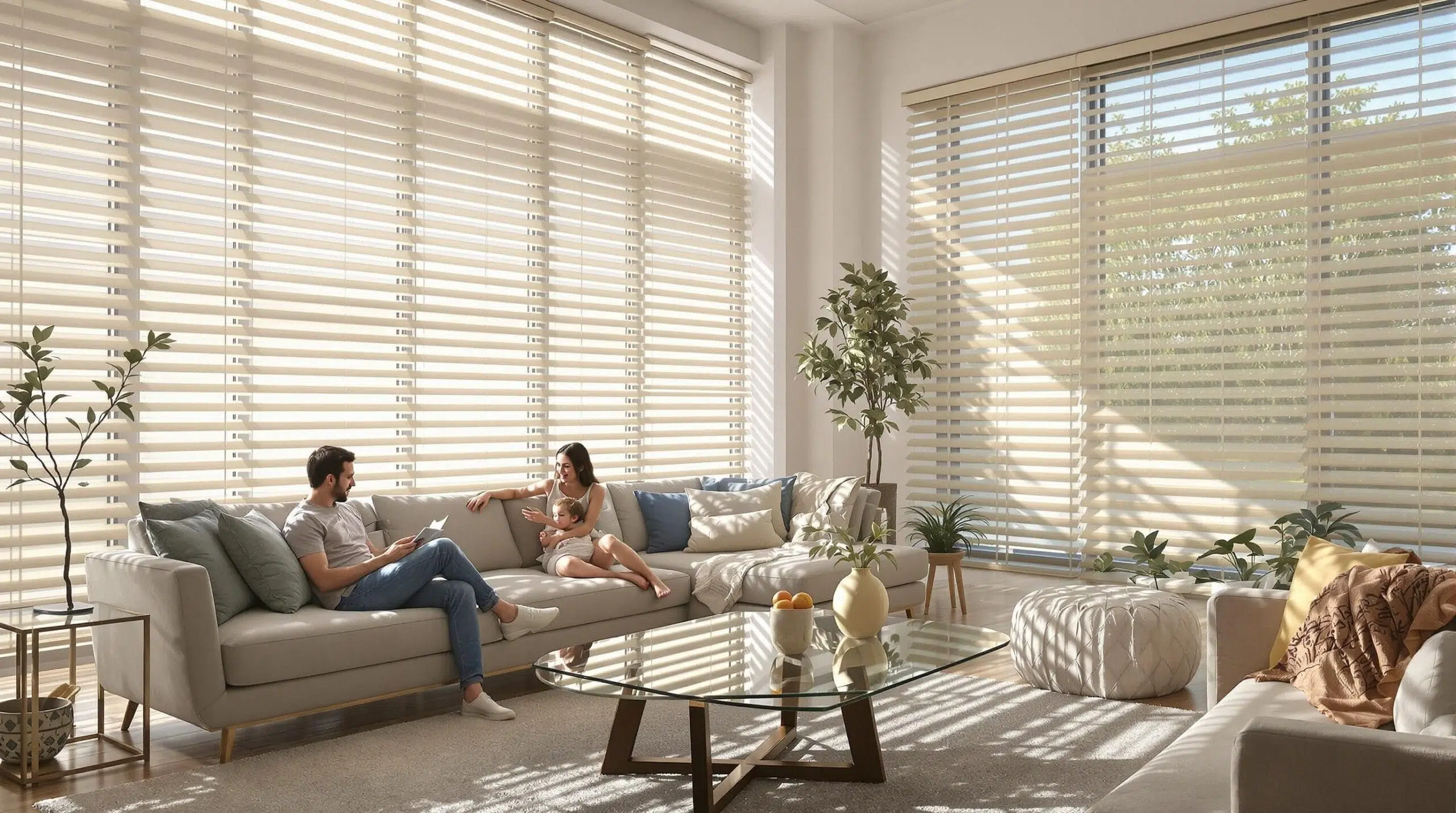 Modern South African living room with blinds providing privacy during the day