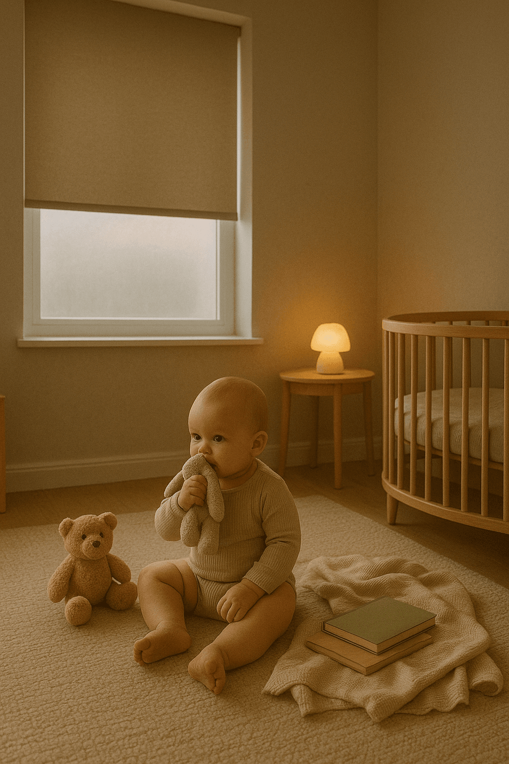 Close up of nursery blind fabric and soft colours