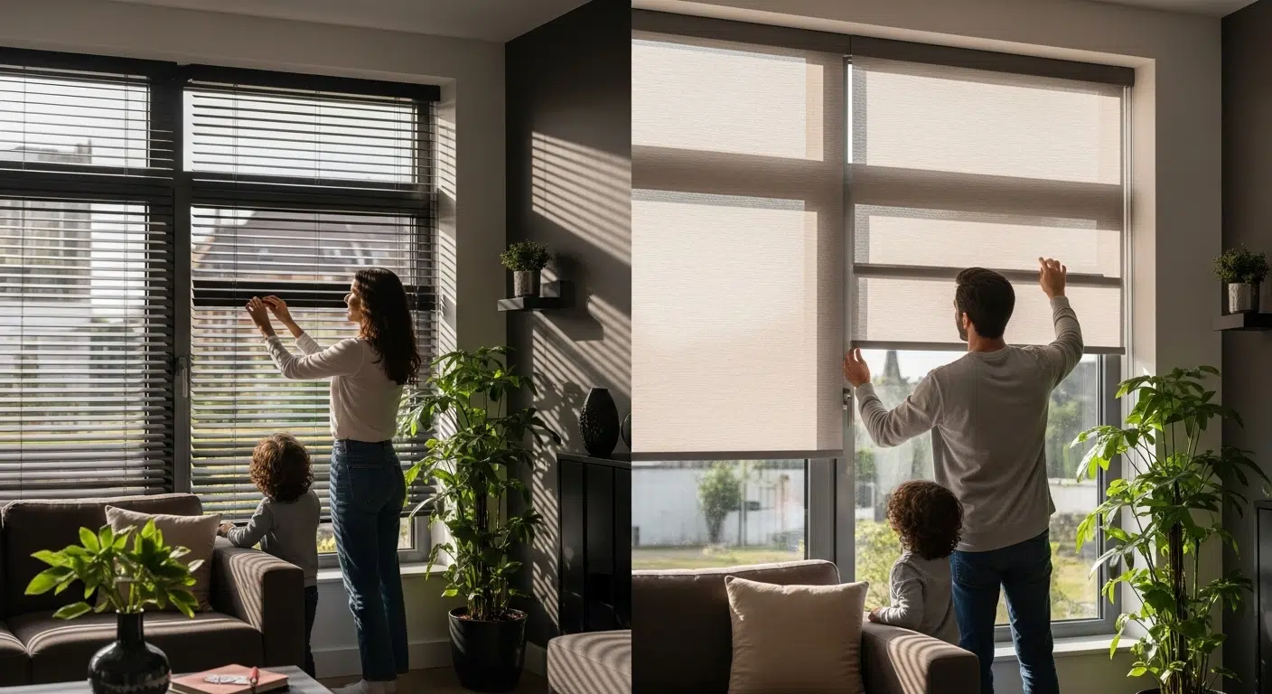 modern blinds, privacy, natural light Parent and child adjusting window blinds