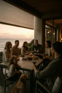 Family gathering at sunset dinner.