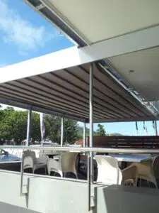 Outdoor seating area with shaded roof