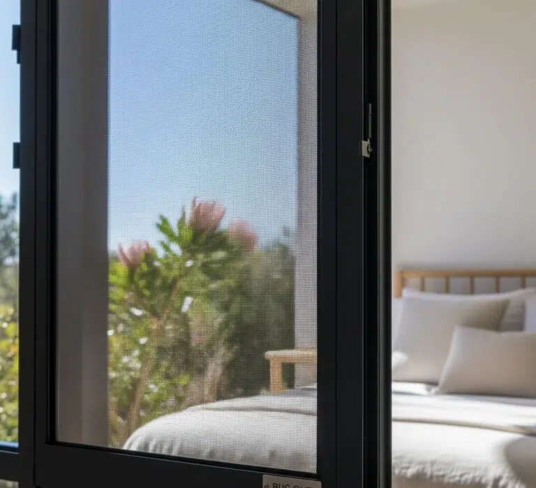 Fly screen door opening onto garden greenery in a Knysna home