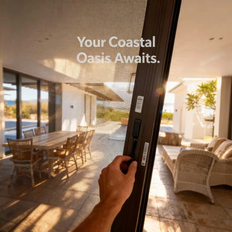 Fly screen door opening onto a sunny patio in a Plettenberg Bay coastal home