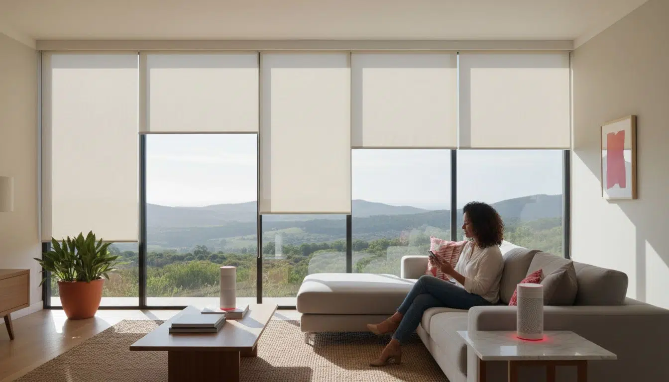 Motorised roller blinds in a modern living room with Somfy automation