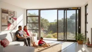 Family relaxing in a sunny Knysna living room with security screens providing protection while keeping the space open and bright