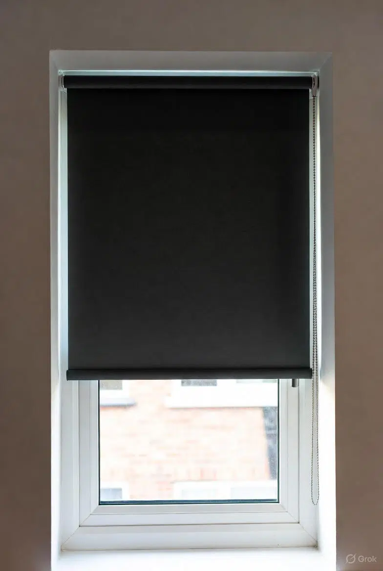 Charcoal blockout no-drill roller blind on a white window frame in a South African rental property