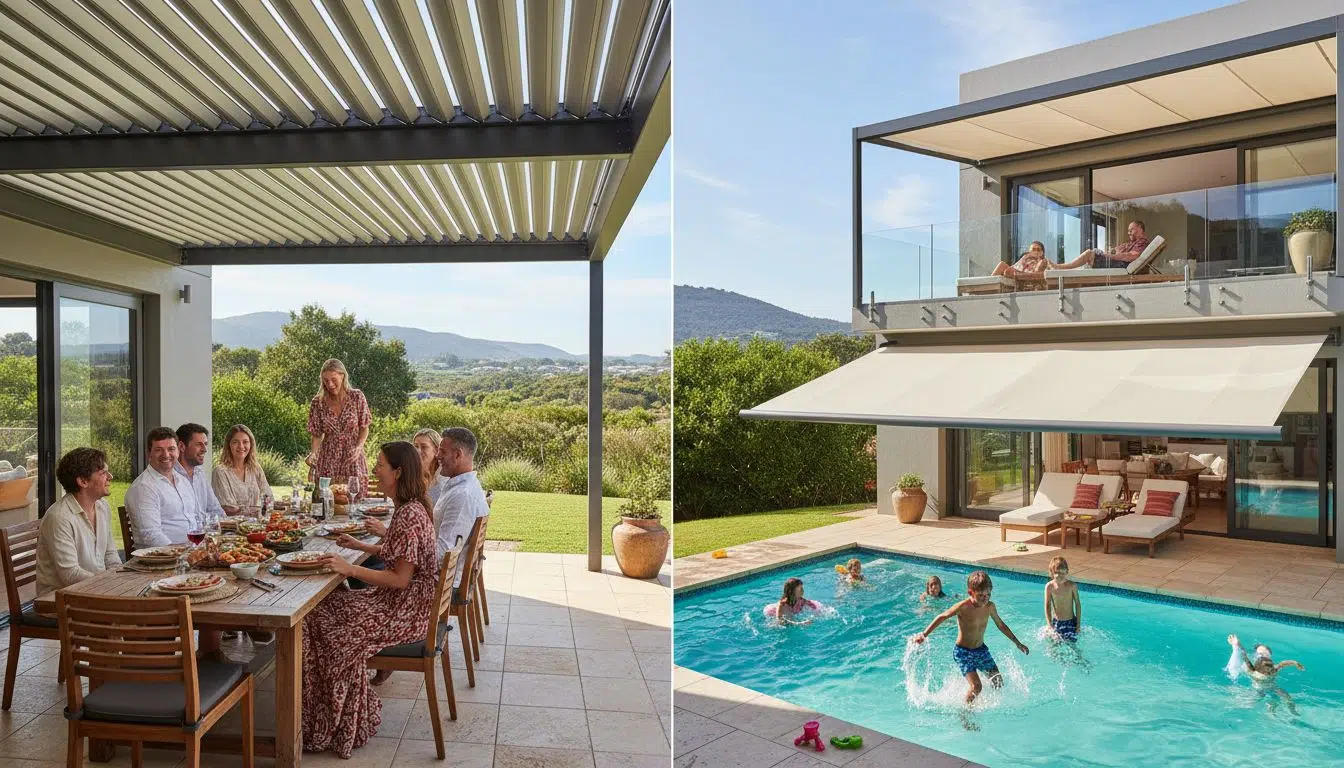Custom Blinds Shutters & Awnings South Africa Left: mates share a meal in cool shade under a pergola; right: children splash in the pool whilst adults unwind on the balcony above. Garden Route & Online Custom Blinds Shutters & Awnings South Africa Left: mates share a meal in cool shade under a pergola; right: children splash in the pool whilst adults unwind on the balcony above. Garden Route & Online