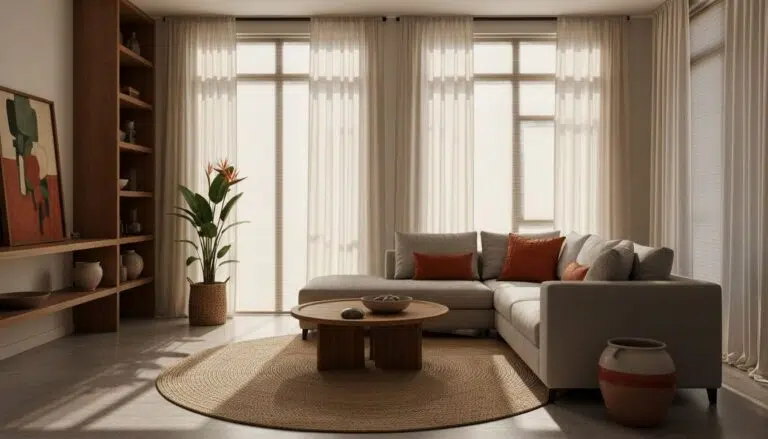 Luxury South African interior with wood-finish venetian blinds filtering natural light