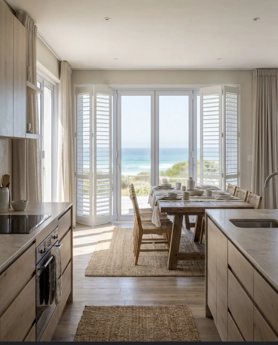 Modern kitchen with aluminium venetian blinds installed by Custom Blinds