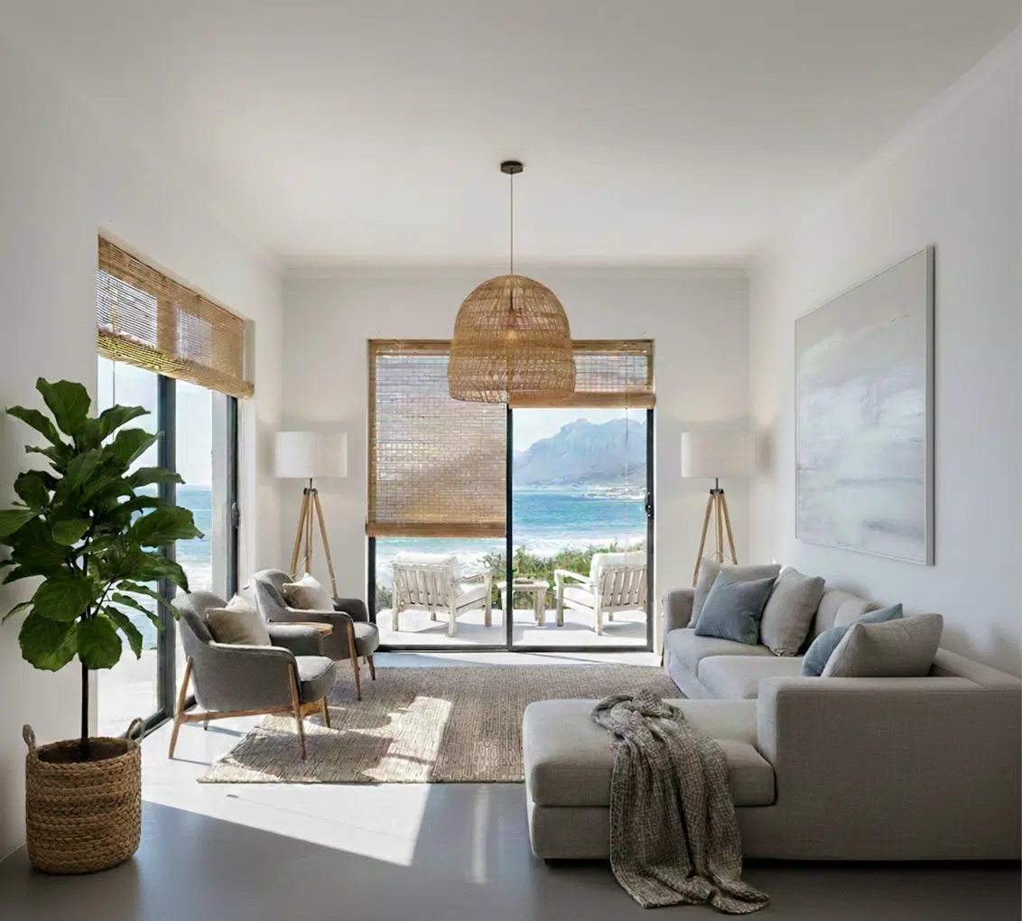 Bamboo blinds filtering natural light in a Sedgefield coastal living room with mountain views