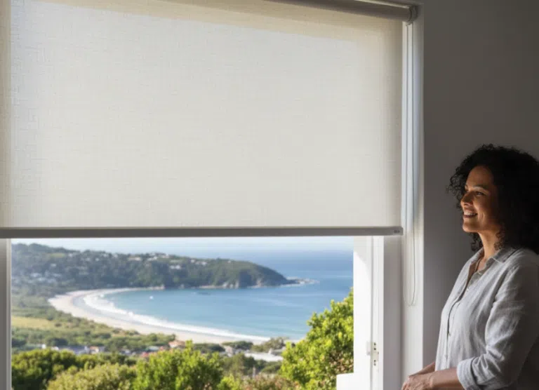 No-drill sheer roller blind filtering daylight for privacy in a South African home