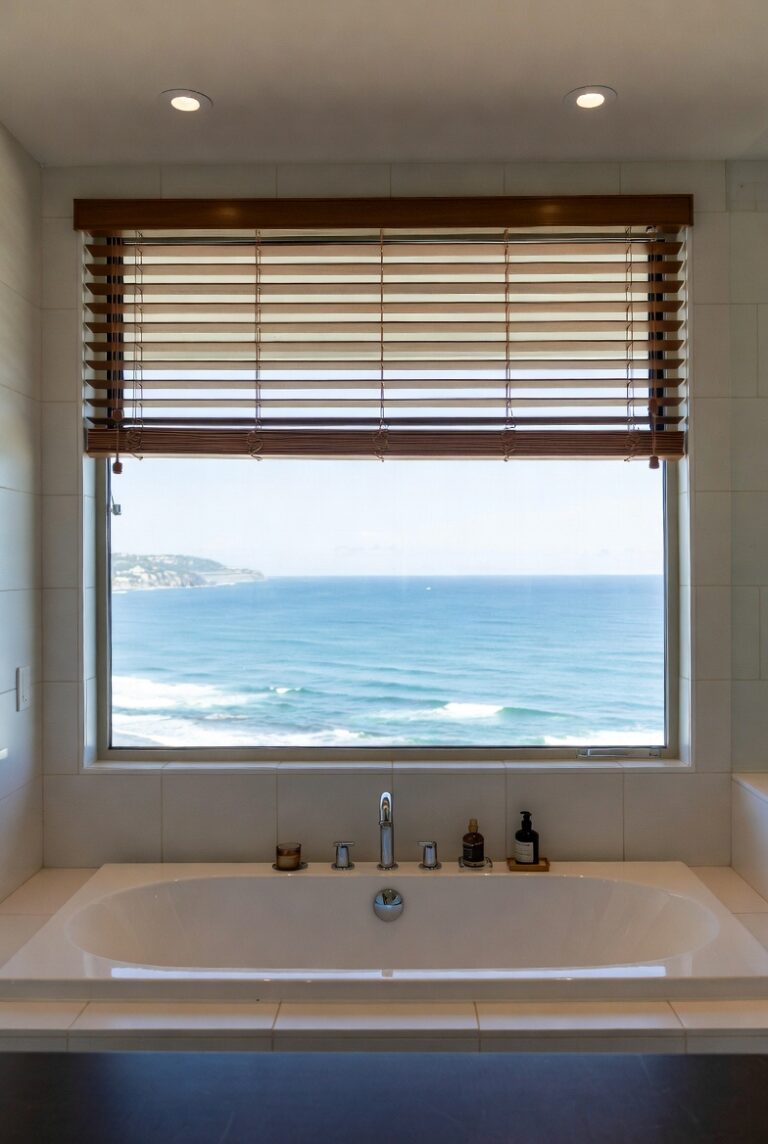 White plaswood venetian blinds in a Garden Route bathroom, demonstrating moisture resistance in a humid coastal environment