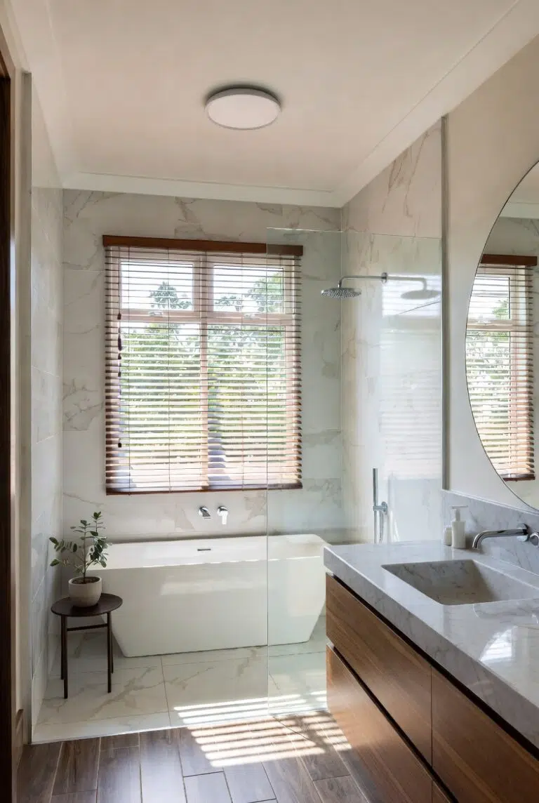 White plaswood venetian blinds in a South African bathroom showing moisture resistance