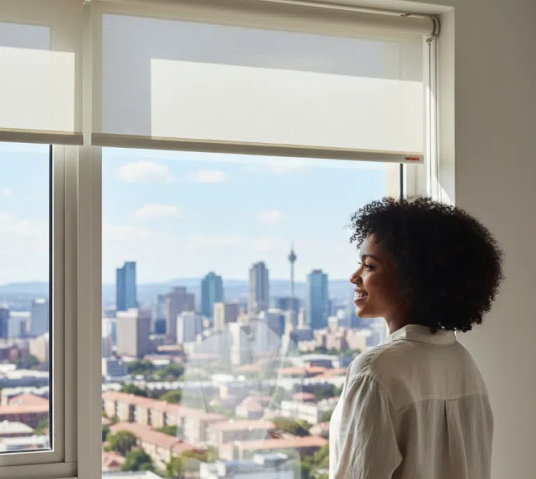 No-drill sheer roller blinds with Johannesburg city skyline view