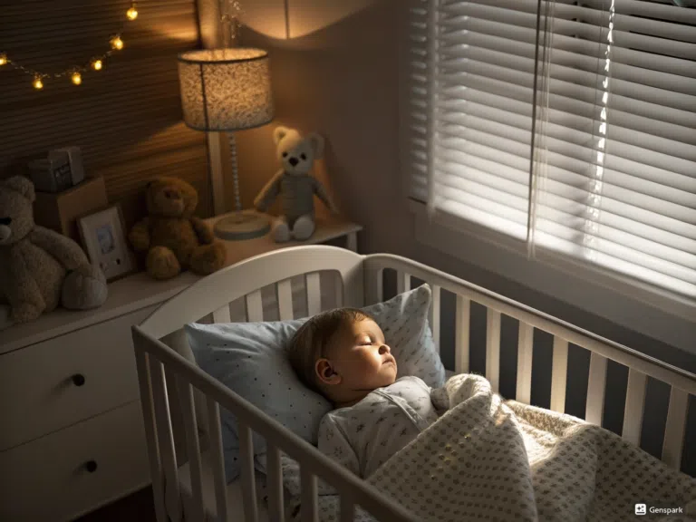 Motorised blockout blinds in a nursery, no cords, complete darkness for baby sleep